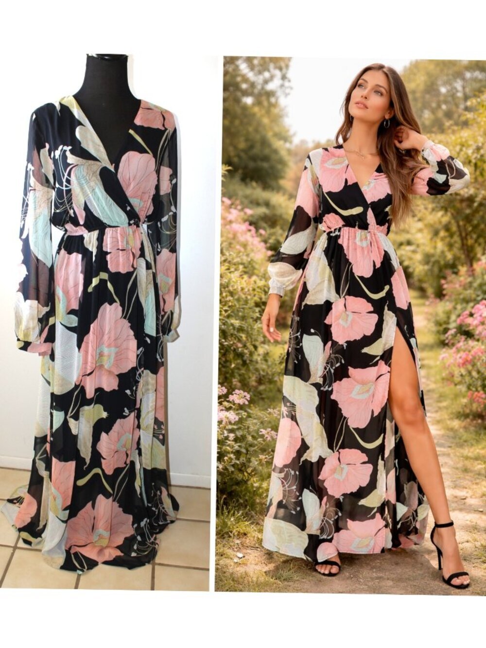Lulus Wondrous Lilies Floral print Maxi dress Size Small Long Sleeves Tropical